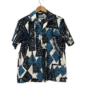 Vintage RJC Hawaii Shirt Mens M Blue Tribal Aloha Hawaiian Made USA Cotton Tiki
